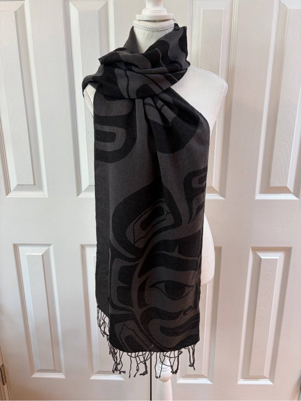 Magenta Designs Black and Gray Merino Wool Oblong Scarf w/ PNW Indigenous Art